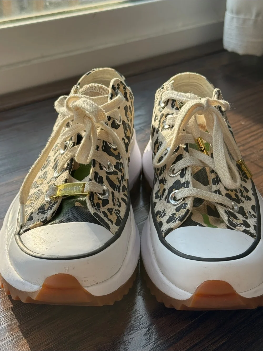 Converse Women's Leopard Print Low Top Sneakers with Green Camo Accents